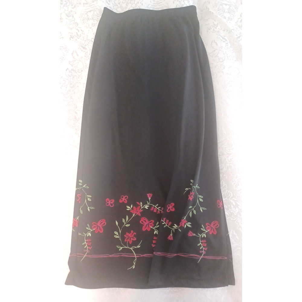 Cherokee VTG Women Black Red Floral Stretch Maxi Skirt Sz S Hipster Boho*READ